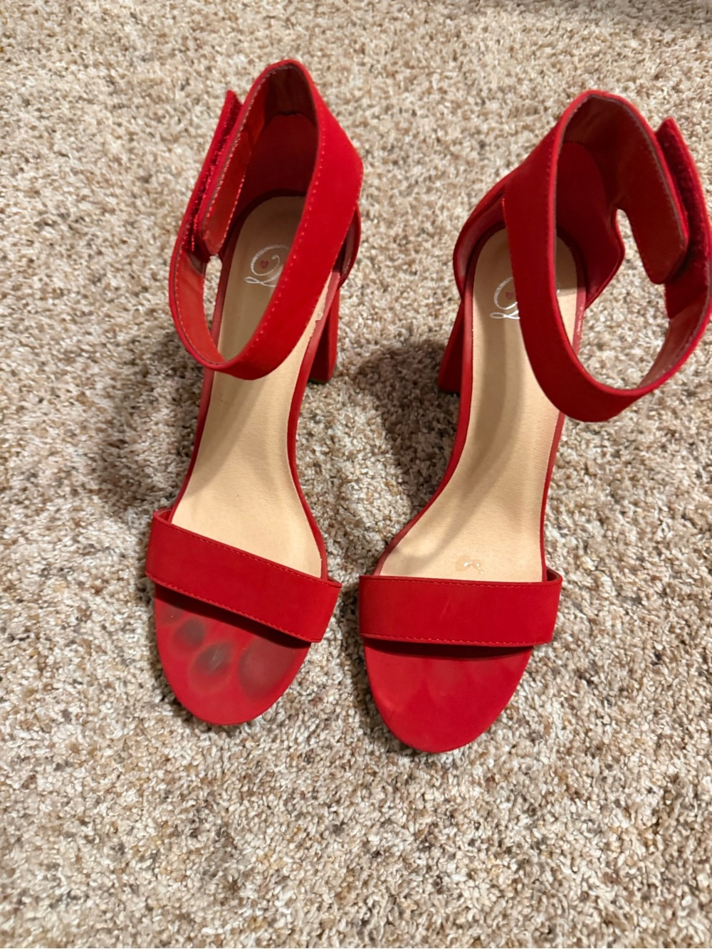 Red Suede Ankle-Strap Block Heel Sandals